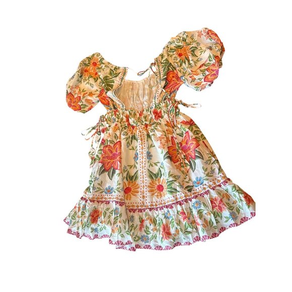 Farm Rio XS Floral Puff Sleeve Smocked Mini Dress Tie Ruffle Details Multicolor - Picture 5 of 7